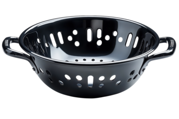 Stylish black colander with handles for draining pasta and vegetables in a modern kitchen setting on transparent background