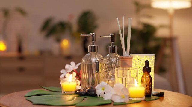 Tranquil spa wellness setup luxurious essential oil aromatherapy candles flowers stones serene ambiance organic relaxation products for soothing experience