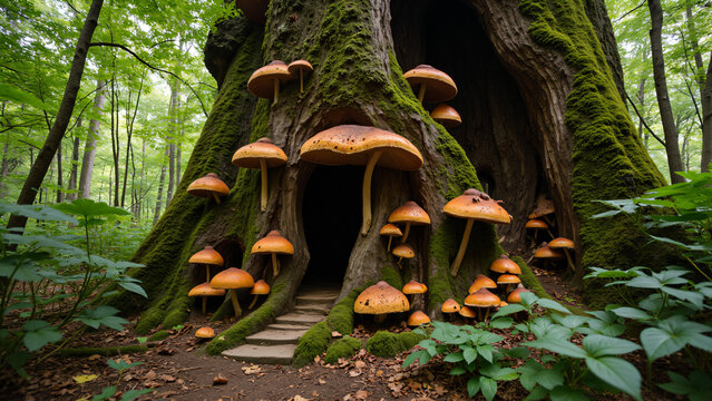 M&auml;rchenhafte Baumh&ouml;hle mit Pilzen im Wald