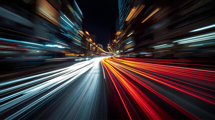 Fototapeta premium Night road traffic with motion blur creates a fast abstract urban transportation scene of red car lights.