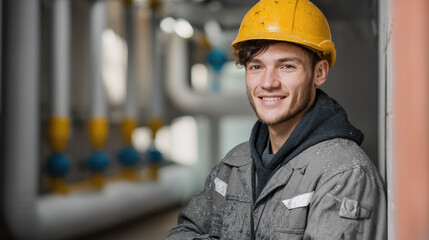 Young male pipe fitter wearing yellow hard hat and gray work uniform smiling confidently in industrial setting