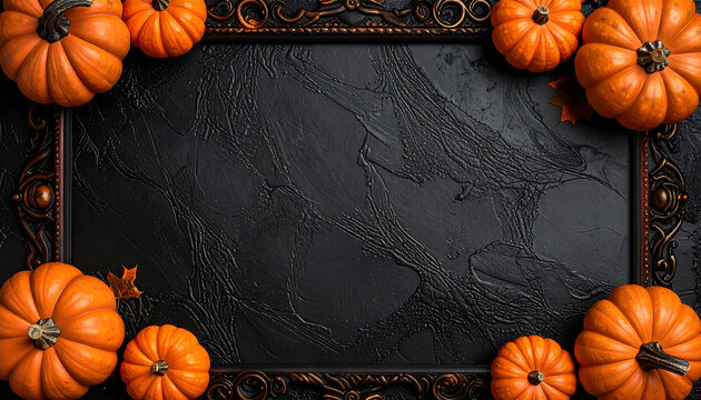 Firefly leather texture frame embossed pumpkin corners luxury Halloween design orange pumpkins on black textured background warm festive mood