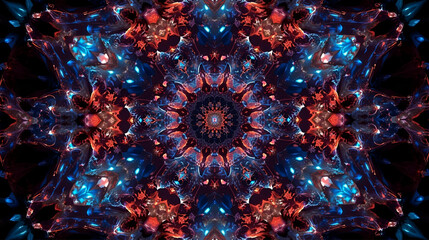 Red and blue abstract background with a bright, colorful, psychedelic fractal light design and star explosion pattern texture.