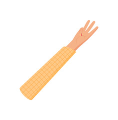 Cartoon style hand gesture with three fingers. Hand with raised fingers and visible palm expresses the number three. Wrist connected to an arm a yellow checkered sleeve. Flat visual design, ideal for