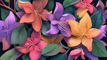 Colorful stylized tropical flowers bloom vibrantly against a dark background.
