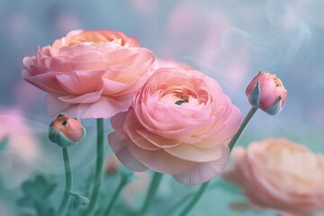 Pastel peach ranunculus flowers in soft dreamy focus with vintage blur and romantic floral background for print