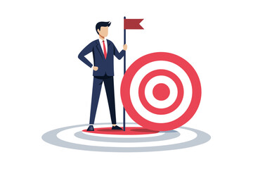 Businessman holding flag next to large target with bullseye