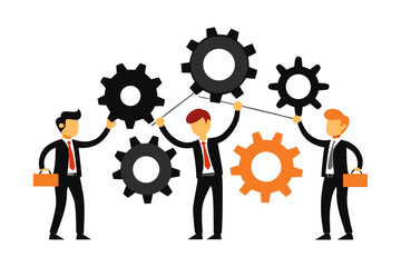 Businessmen connecting black and orange gears on white background