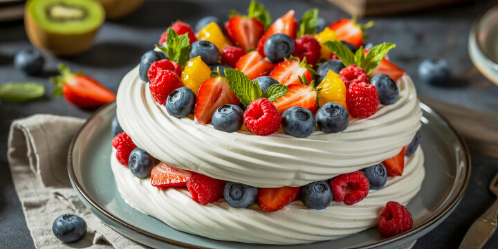 Delicious two-tiered pavlova cake abundantly topped with fresh mixed berries and fruits - Powered by Adobe