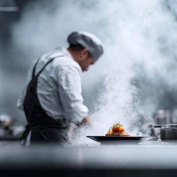 Chef preparing a gourmet dish with steam rising. Focus on culinary excellence, passion, and the art of cooking. Suitable for restaurant promos, food blogs, or menu design.
