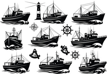 Vintage fishing boats and maritime symbols in black and white vector style for nautical design, navigation, ocean industry, and travel themes