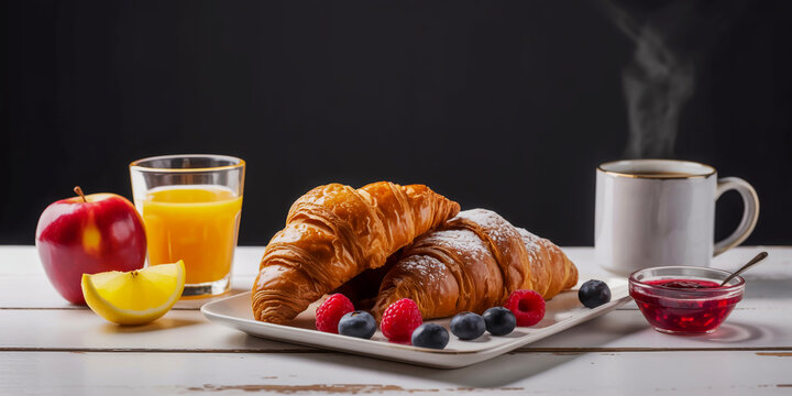 Delicious breakfast spread with fresh croissants orange juice and hot coffee - Powered by Adobe