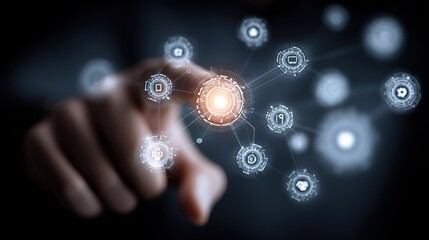 Finger Touching Glowing Tech Icon Network: Intelligent Interaction Scene