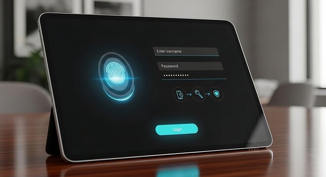 Modern tablet displaying fingerprint login screen with glowing biometric security icon and glowing button - Powered by Adobe