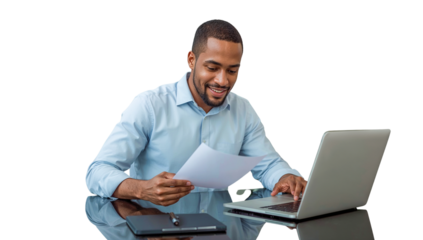 young businessman happily reviewing documents while typing on his laptop, working diligently at a sleek desk, perfect for professional, business, and educational themes with a transparent background