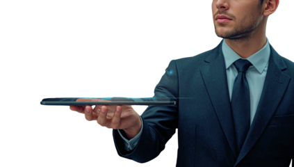 elegant businessman in a dark suit holding out a sleek, futuristic digital tablet with a glowing interface, perfect for showcasing innovation, technology, and presentation concepts, on a transparent