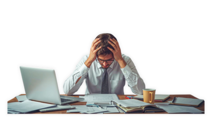 employee under duress from excessive digital and physical paperwork, shown reviewing an enormous project on a laptop while clearly stressed, isolated with a transparent background for visuals related 