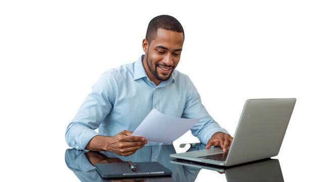 young businessman happily reviewing documents while typing on his laptop, working diligently at a sleek desk, perfect for professional, business, and educational themes with a transparent background