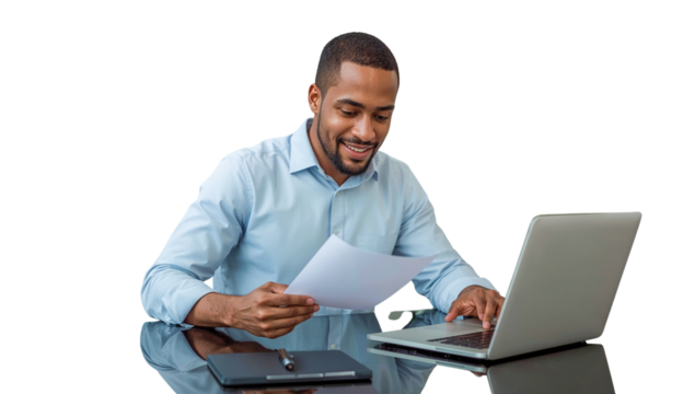 young businessman happily reviewing documents while typing on his laptop, working diligently at a sleek desk, perfect for professional, business, and educational themes with a transparent background