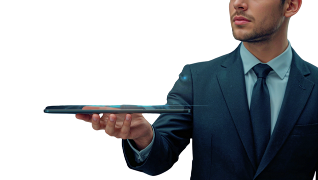 elegant businessman in a dark suit holding out a sleek, futuristic digital tablet with a glowing interface, perfect for showcasing innovation, technology, and presentation concepts, on a transparent