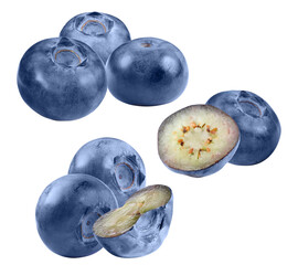 detailed photograph of ripe fresh blueberries, featuring both whole berries and pieces cut in half to show the internal structure, isolated on black.
