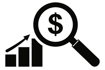 Magnifying Glass Over Dollar Sign and Upward Trend Bar Chart Icon