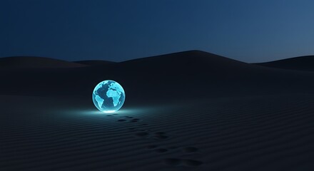 A glowing, digital globe sits in a dark desert landscape with footprints leading toward it.