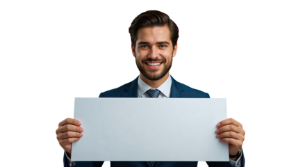a smiling, well-groomed man in a dark suit and tie holds a blank white sign. his short, dark hair and beard frame a cheerful face, looking directly at the viewer. this high-quality png cutout on