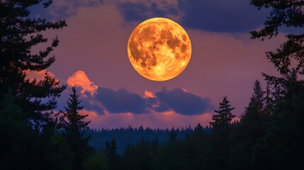 Large orange moon rising above a dark forest with colorful cloudy sky