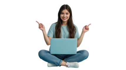 a cheerful woman sits cross-legged holding a light blue laptop. she smiles and points enthusiastically left and right with outstretched arms. this high-quality png features a transparent background