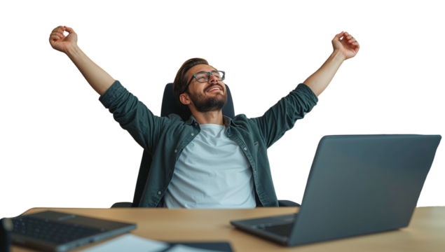 a triumphant man in casual, stretching his arms upwards in celebration. a laptop devices visible on the desk on a transparent background captures a moment of success, relief, radiating positive energy