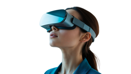 Girl deeply immersed in a vibrant virtual reality experience using a modern vr headset, with a transparent background for digital integration, symbolizing the exciting future of interactive learning