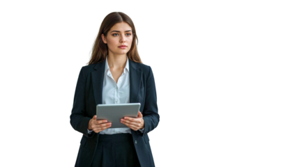woman utilizing a digital tablet for data analysis and corporate management, standing confidently in professional attire with a transparent background for versatile deployment in tech and financial