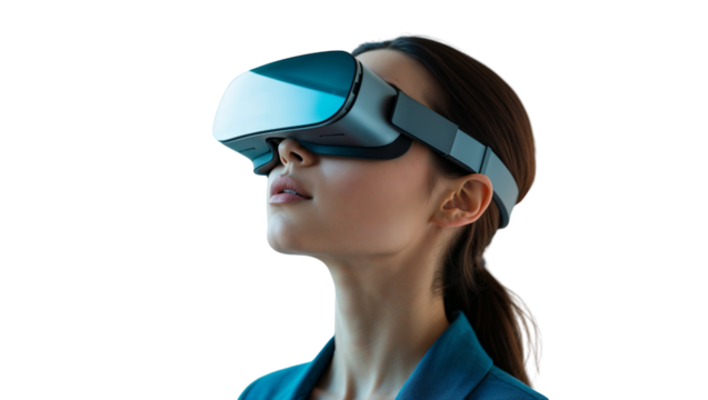 Girl deeply immersed in a vibrant virtual reality experience using a modern vr headset, with a transparent background for digital integration, symbolizing the exciting future of interactive learning