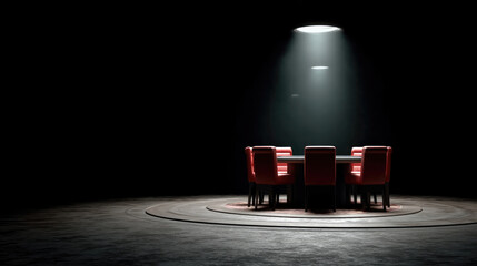 Poker table red chair spotlight dark arena empty dramatic round casino gambling moody mysterious