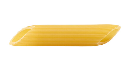 Isolated pasta penne single piece with a hollow tube shape and diagonal cut ends, yellow