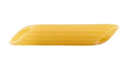 Isolated pasta penne single piece with a hollow tube shape and diagonal cut ends, yellow
