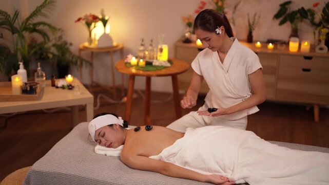 Asian adult women enjoy hot stone therapy professional spa therapist offers deep relaxation stress relief serene wellness center tranquil ambiance