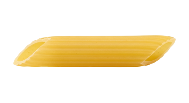 Isolated pasta penne single piece with a hollow tube shape and diagonal cut ends, yellow