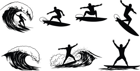 Surfing silhouettes vector illustration showing surfers riding waves, extreme sports action poses, ocean adventure lifestyle, water sport design elements collection