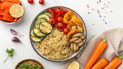 kids food allergy friendly Fresh vegetables and grains arranged in a bowl, showcasing healthy eating and culinary presentation.