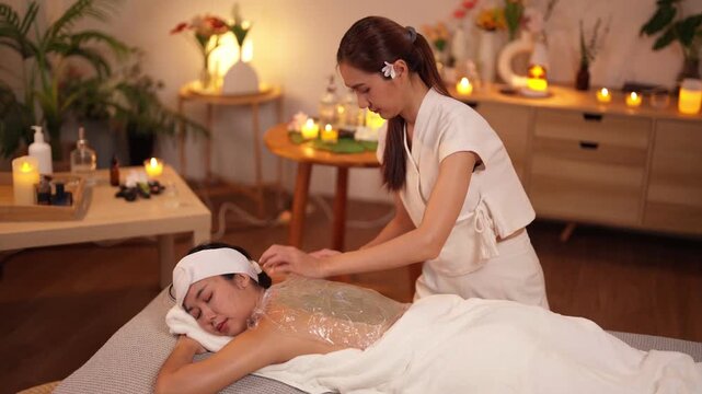 Asian adult client receives body wrap treatment professional therapist applies detoxifying product tranquil spa setting
