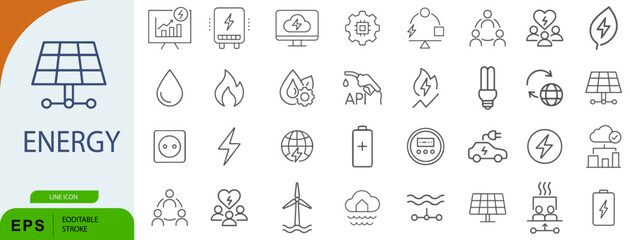 Energy Icon Set – 36 Line Style Symbols for Renewable Power, Eco Infrastructure, and Sustainable Technology