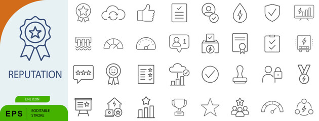 Reputation Icon Set – 36 Line Style Symbols for Trust, Quality, and Performance Recognition