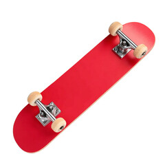 Bright red skateboard deck with silver trucks and yellow wheels isolated on a black canvas