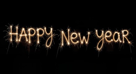 Happy New Year sparkler light painting lettering on black background glowing festive greeting text for celebration 