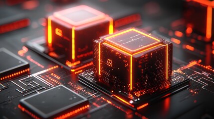 Close-up of glowing orange-red cubes on a complex circuit board