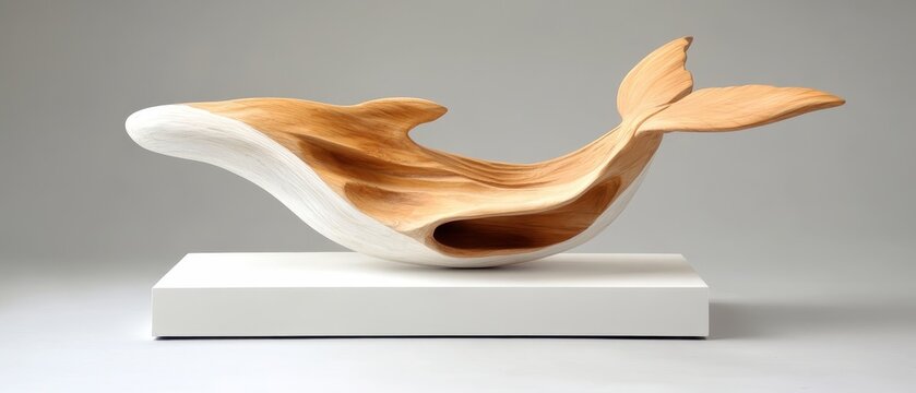 Carved wooden whale form with white textured base on a clean white pedestal, showcasing organic curves and natural material beauty.