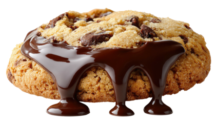 A close-up of a single, golden-brown cookie covered in flowing dark chocolate