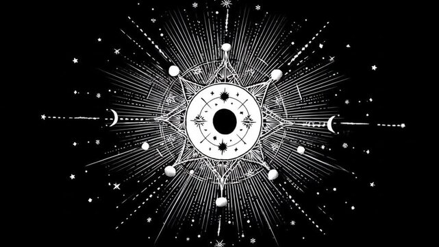 Mystical Celestial Esoteric Symbol: Sacred Geometry Mandala with Stars, Moons, and Rays on Black Background